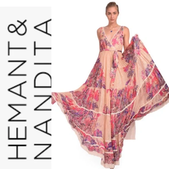 hemant & nandita metallic maxi dress HEMANT & NANDITA Belted Metallic Stripe & Floral Maxi Dress. Sz: M